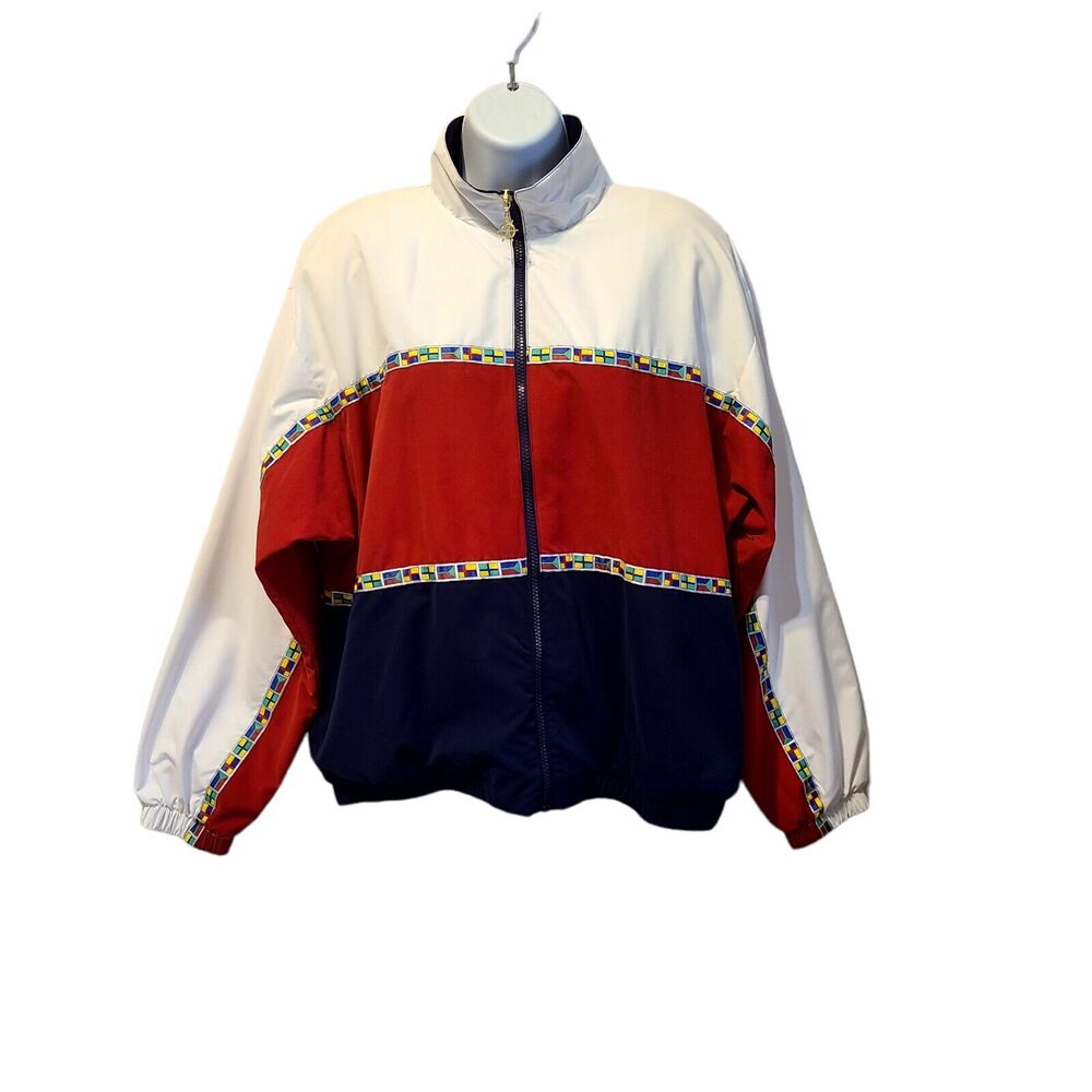 TEDDI Vtg Nautical Windbreaker Womens Sz L Zip Up Multi Color & Flag Design
